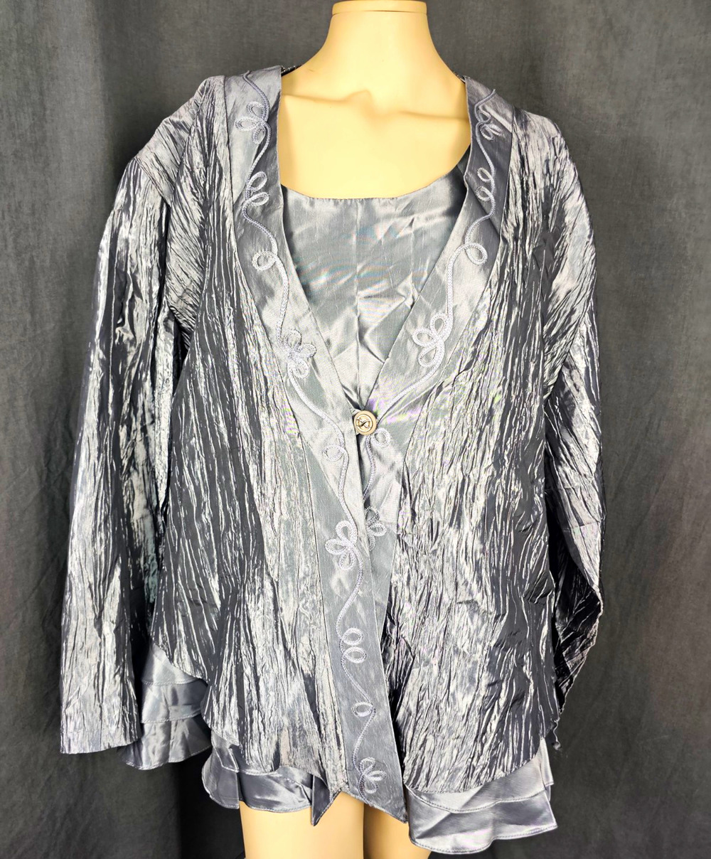 3 Pc Set Metallic Silver Gray Crinkle Jacket Tiered Tank Skirt Outfit Plus 4X